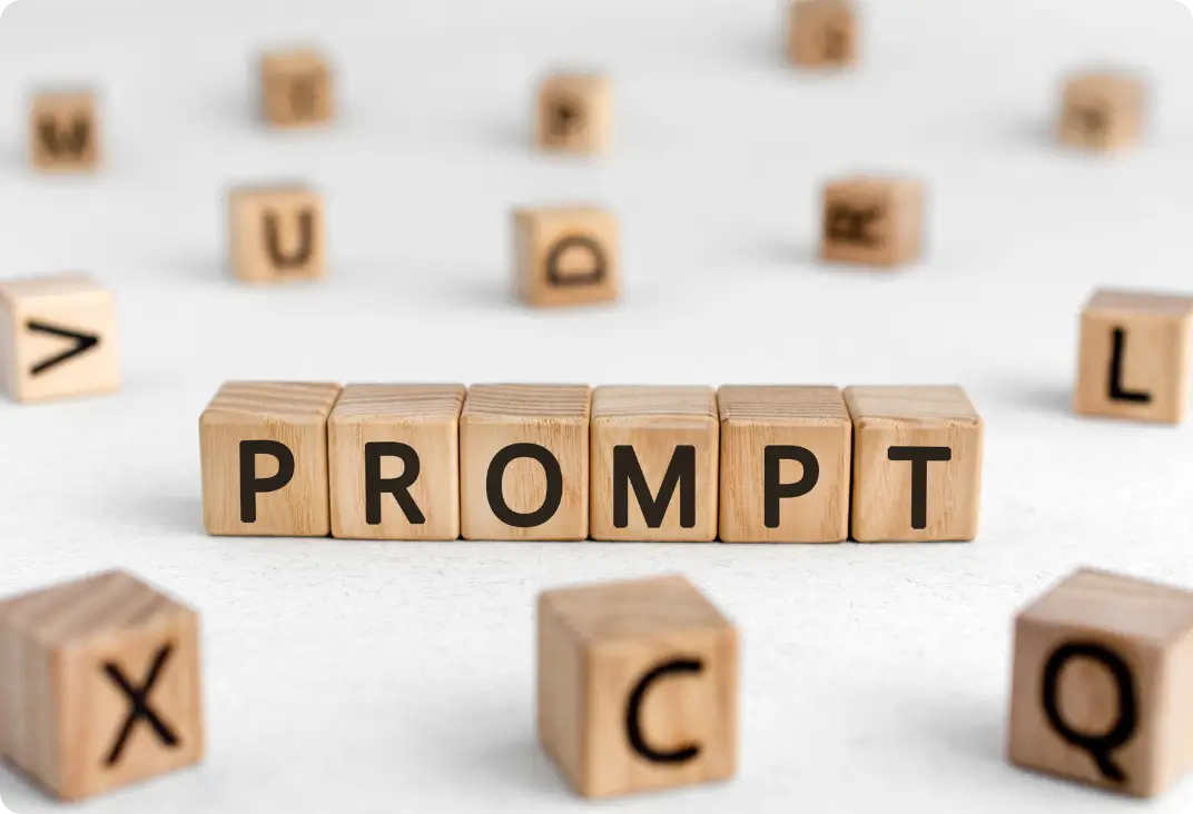 Wooden blocks arranged to spell the word "PROMPT" in bold black letters, surrounded by other scattered alphabet blocks on a light surface.